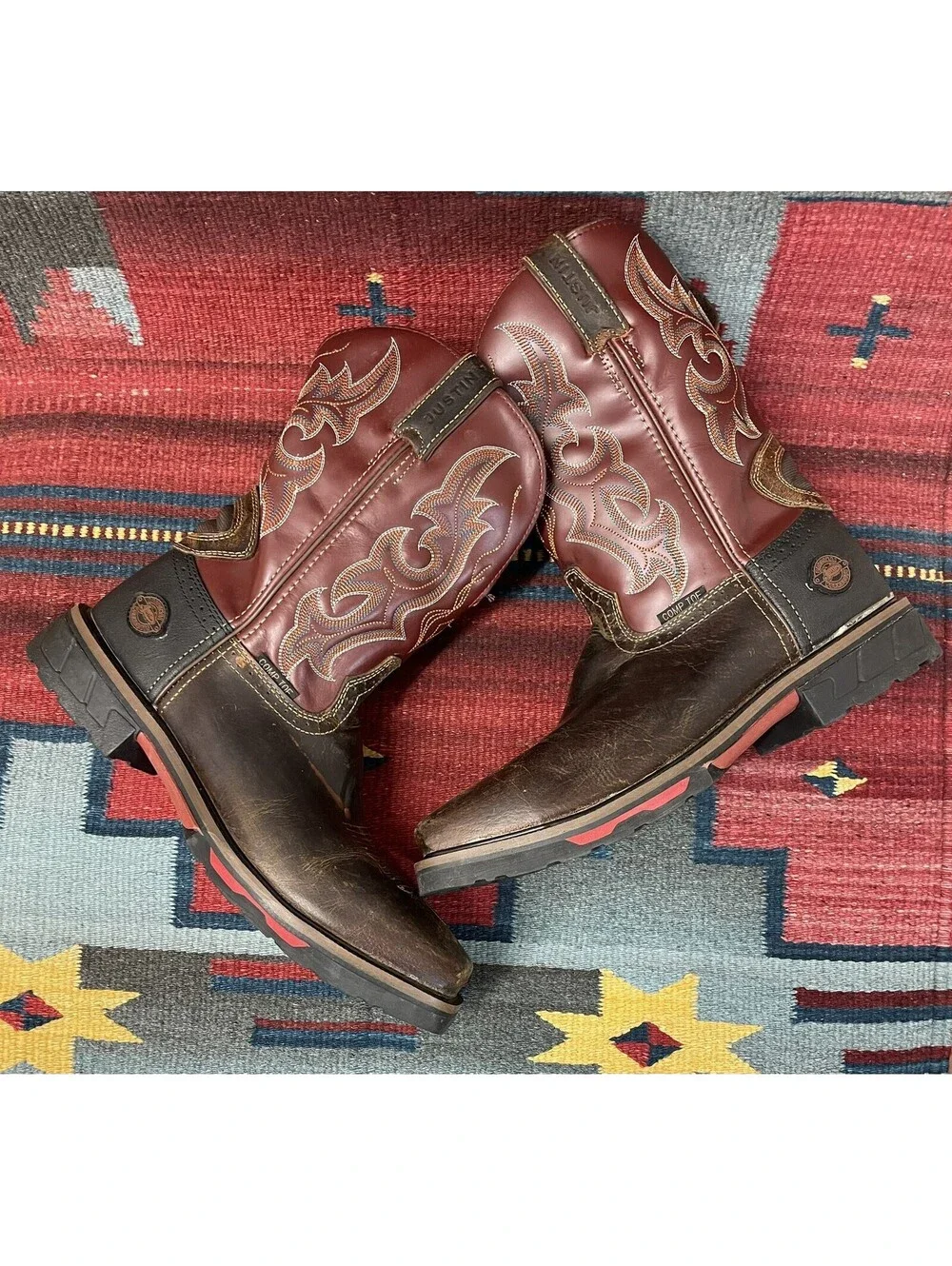 Justin Comp Toe Leather Western Work Boots  Men's 11 WK4643 Burgundy/Brown/Black